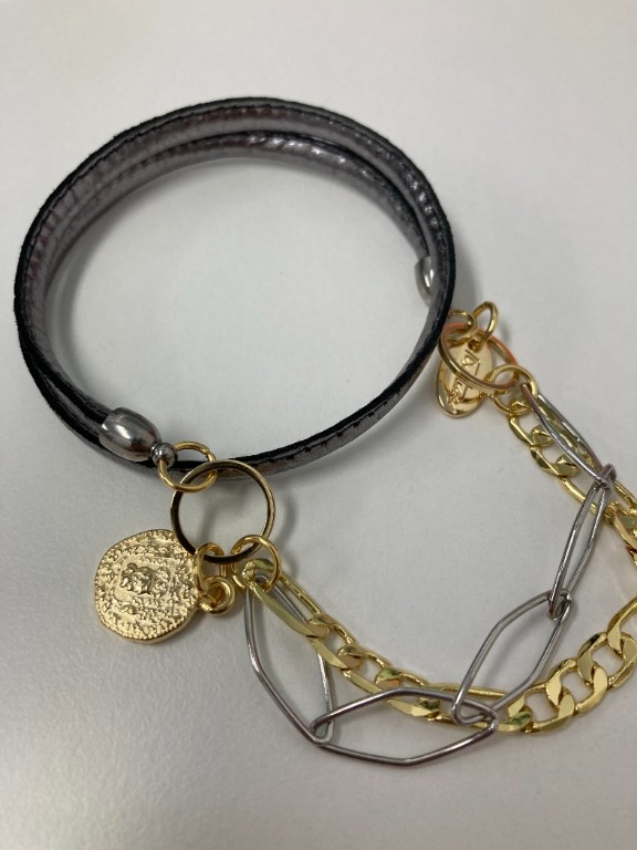 Bracelet cuir avec chaine or - Bracelet empilé - Design Fixation