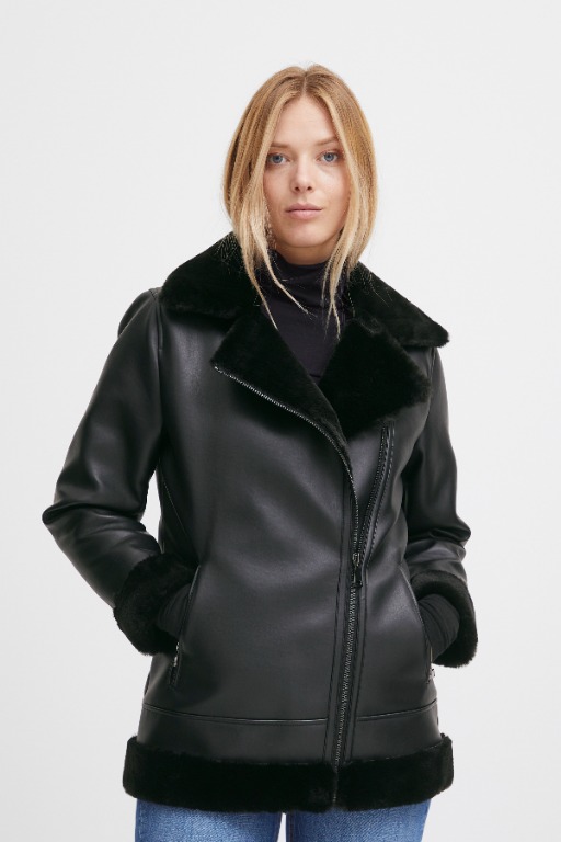 MANTEAU CHIC SIMILI CUIR ET FOURRURE